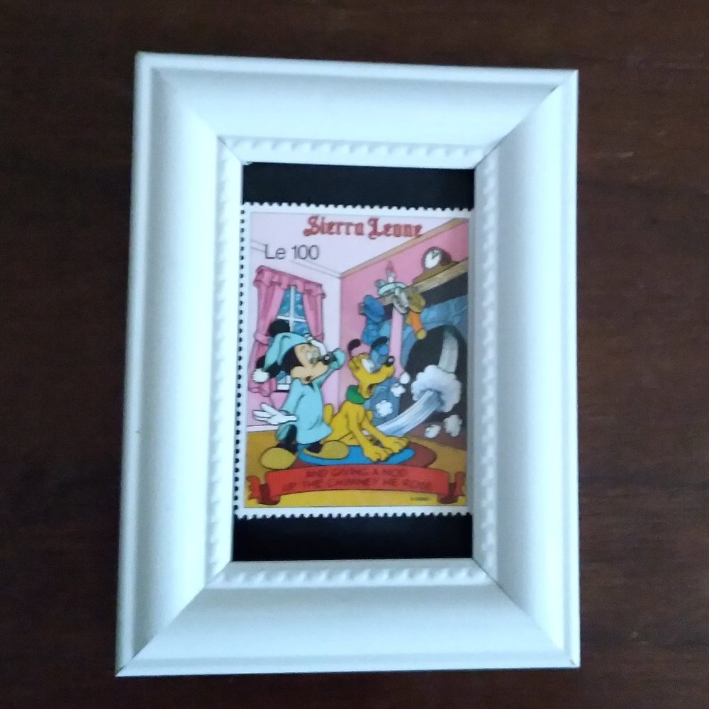 Framed Stamp Art - Disney Stamp Art - Mickey and Pluto Surprise Santa